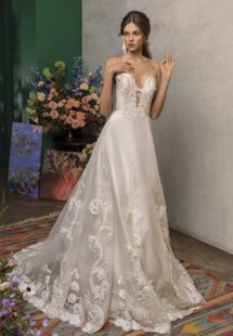 Style #2029L, A-line wedding dress with embroidery and plunging neckline, available in ivory and dark ivory