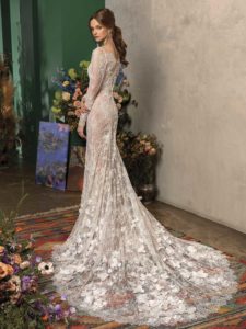 Style #2027L, Mermaid wedding dress with long sleeves, and floral train, available in ivory; 2027-1, available in nude and ivory