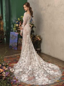 Mermaid wedding dress with long sleeves, and floral train
