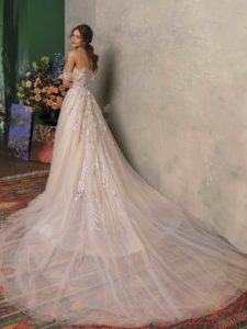 Ball gown wedding dress with sweetheart bodice, available in salmon, mint, blue