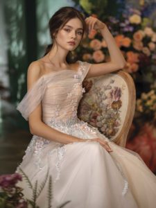 Ball gown wedding dress with sweetheart bodice, available in salmon, mint, blue