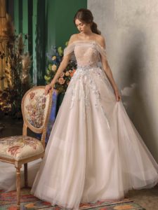 Bball gown wedding dress with sweetheart bodice, available in salmon, mint, blue