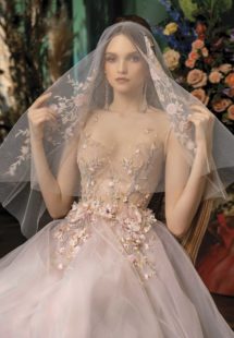 Style #2025aL, A-line wedding dress with floral applique, available in nude-pink, ivory -pink