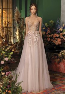 Style #2025aL, A-line wedding dress with floral applique, available in nude-pink, ivory -pink