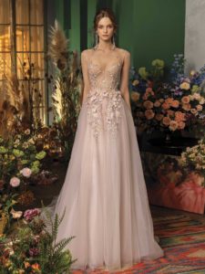 Style #2025aL, A-line wedding dress with floral applique, available in nude-pink, ivory -pink