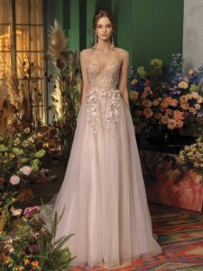 A-line wedding dress with floral applique, available in nude-pink, ivory -pink