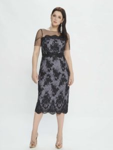 Style #M528, cocktail dress with illusion sleeves and lace applique, available in black-grey, ivory