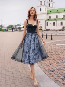 Style #539, A-line gown with structured bodice and flowy skirt, available in black