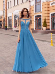 Style #541, formal A-line dress with fringe and cut-outs, available in black, powder, lilac, cherry, pink, azure, ivory
