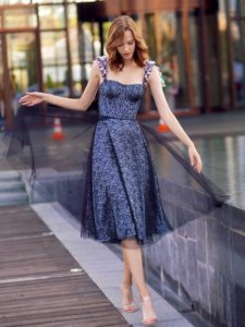 Style #546, special occasion A-line evening dress with floral applique, available in black, lilac, grey, powder, ivory