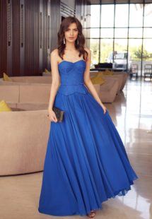 Style #551, formal dress with a flowy skirt and structured bodice, available in cornflower, cherry, black, powder, azure, ivory