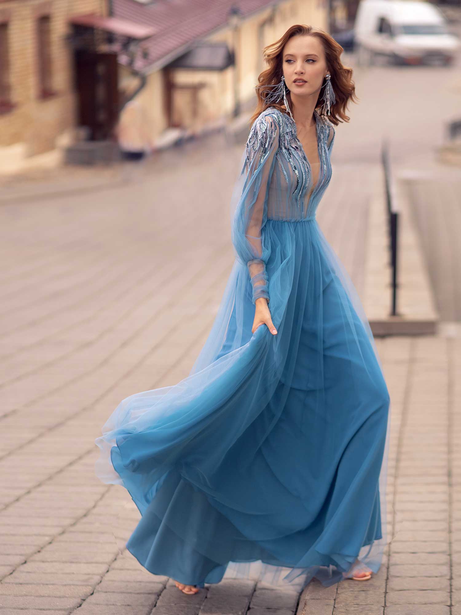 Style #555, long gown with bishop sleeves and embellishments, available in azure, azure-powder