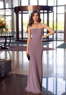 Style #557, fitted elegant long dress with high collar and embellishments, available in lilac-brown, lilac, red, blue, pink, turquoise, ivory