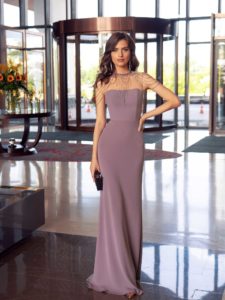 Style #557, fitted elegant long dress with high collar and embellishments, available in lilac-brown, lilac, red, blue, pink, turquoise, ivory