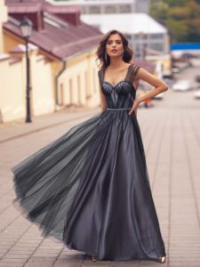 Style #559, fancy long gown with geometric designs and bustier bodice, available in black-lilac, black-powder, black-ivory