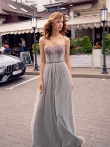 Style #560, A-line designer occasion dress with floral embroidery and strapless bodice, available in green-powder, ivory-green, ivory-lilac, ivory