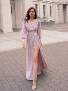 Style #566, pastel evening gown with bishop sleeves, available in ivory, white, powder, mint, yellow, green, grey, cornflower, scarlet , black, lilac, pink, berry, peach, see-green, sky-blue, cherry, smoky