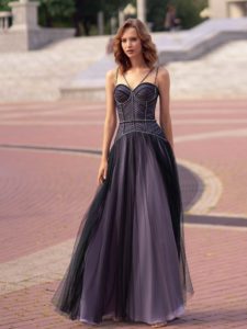 Style #571, A-line dress with an embellished bustier corset, available in black-lilac, black-powder, black-ivory