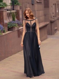 Style #541, formal A-line dress with fringe and cut-outs, available in black, powder, lilac, cherry, pink, azure, ivory
