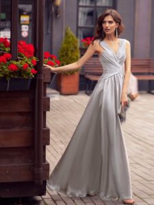 Style #573, flattering evening dress with thick straps and deep V neckline, available in grey, terracotta