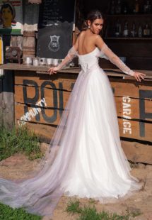 Style #12059, wedding dress with slit and off-the-shoulder sleeves, available in ivory, ivory-purple