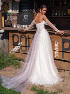 Wedding dress with slit and off-the-shoulder sleeves, available in ivory, ivory-purple