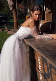 Style #12059, wedding dress with slit and off-the-shoulder sleeves, available in ivory, ivory-purple