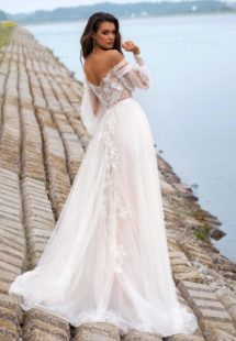 Style #12060, wedding dress with off-the-shoulder bishop sleeves, available in ivory, ivory-nude