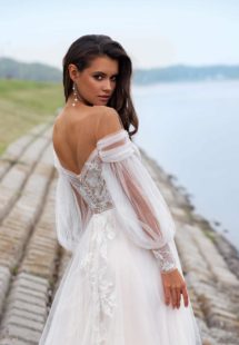 Style #12060, wedding dress with off-the-shoulder bishop sleeves, available in ivory, ivory-nude