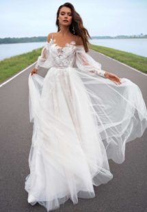 Style #12060, wedding dress with off-the-shoulder bishop sleeves, available in ivory, ivory-nude