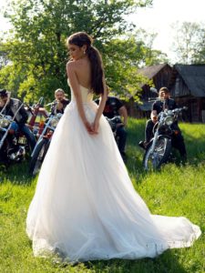 Wedding dress with bustier bodice and floral embroidery