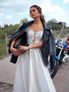 Bridal gown with cap sleeves and embroidery, available in ivory, ivory-nude