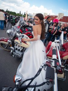 Ultra-modern wedding dress with pearl embellishments, available in ivory, ivory-nude