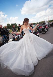 Style #12069, ultra-modern wedding dress with pearl embellishments, available in ivory, ivory-nude