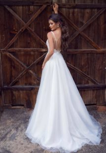 Style #12071, modern wedding dress with floral applique and low back, available in ivory, ivory-nude