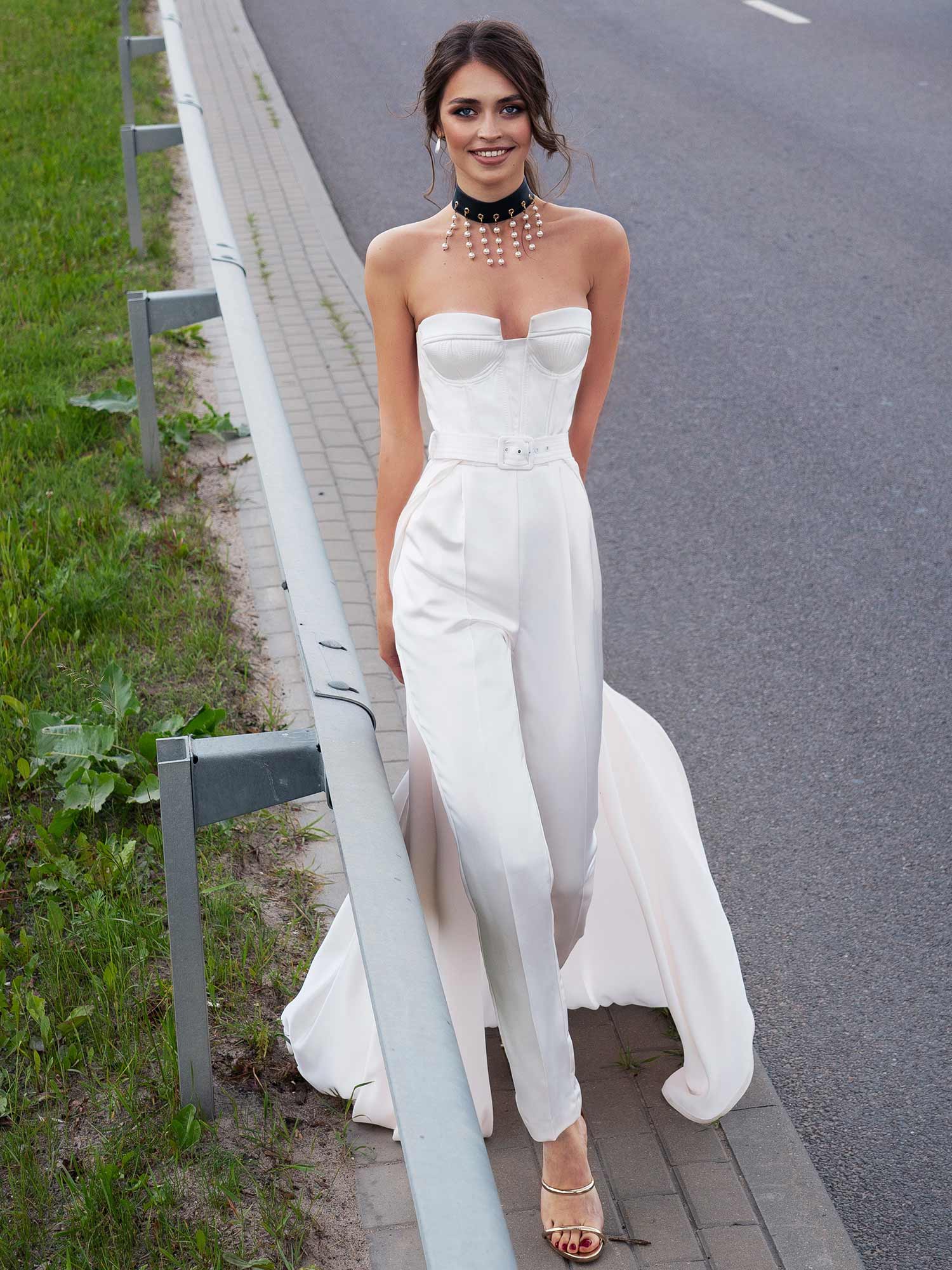 Style #12074, ultra-modern wedding jumpsuit with attachable skirt, available in ivory