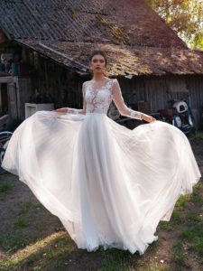 Illusion long-sleeved wedding dress with embroidery, available in ivory, ivory-nude