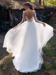 Illusion long-sleeved wedding dress with embroidery, available in ivory, ivory-nude