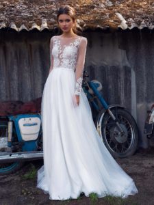 Illusion long-sleeved wedding dress with embroidery, available in ivory, ivory-nude