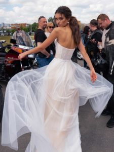 Strapless modern wedding dress with pearl beading, available in ivory, ivory-nude