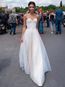 Strapless modern wedding dress with pearl beading , available in ivory, ivory-nude