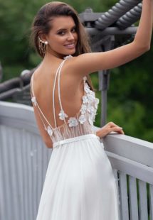 Style #12082, sheath wedding gown with spaghetti straps and floral embroidery, available in ivory, ivory-nude