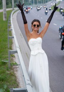 Style #12083, simple wedding dress with dropped waist and pearl details, available in ivory