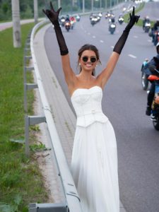 Simple wedding dress with dropped waist and pearl details