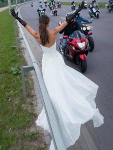Simple wedding dress with dropped waist and pearl details