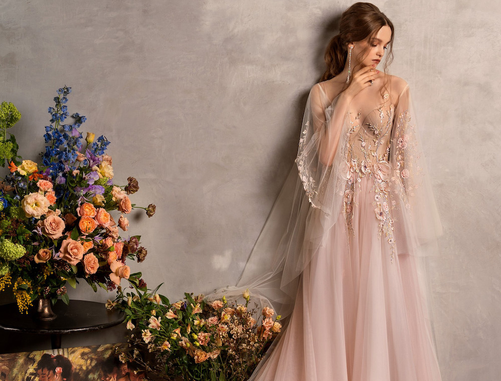 Wedding dresses with 3D floral appliques