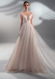 Style #2100, A-line wedding dress with feather decor and cup sleeves, available in pink, ivory