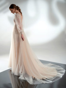 Puff sleeve A-line wedding dress with V-plunging neckline, available in cream–nude, cream, ivory