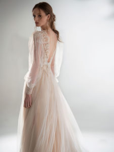 Puff sleeve A-line wedding dress with V-plunging neckline, available in cream–nude, cream, ivory