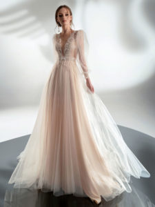 Puff sleeve A-line wedding dress with V-plunging neckline, available in cream–nude, cream, ivory